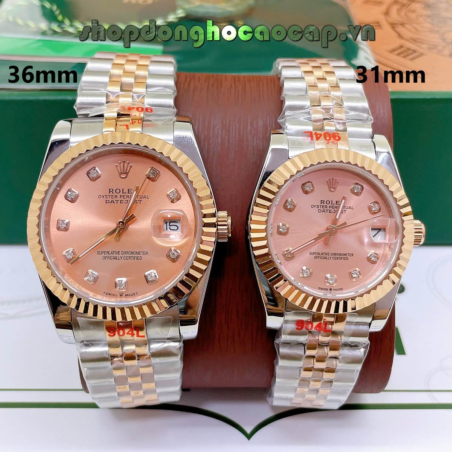 Đồng Hồ Cặp Rolex Datejust Máy Pin Dây Demi Vàng Hồng Niềng Khía Size 36mm - 31mm