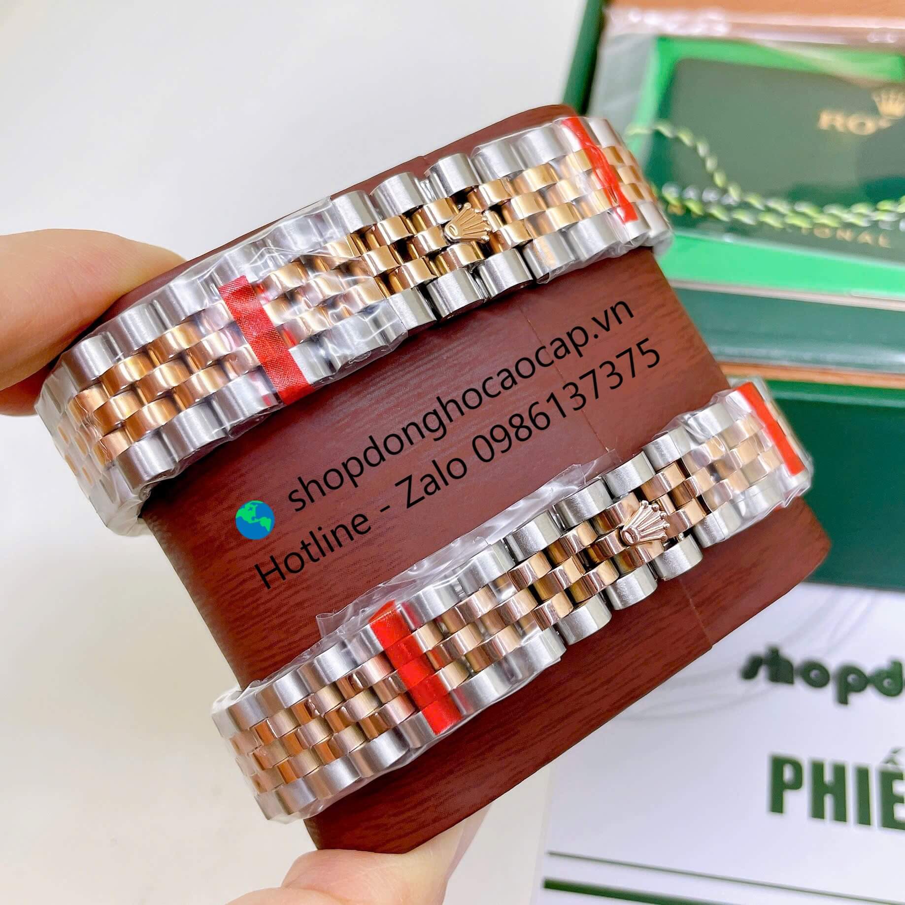 Đồng Hồ Cặp Rolex Datejust Máy Pin Dây Demi Vàng Hồng Niềng Khía Size 36mm - 31mm