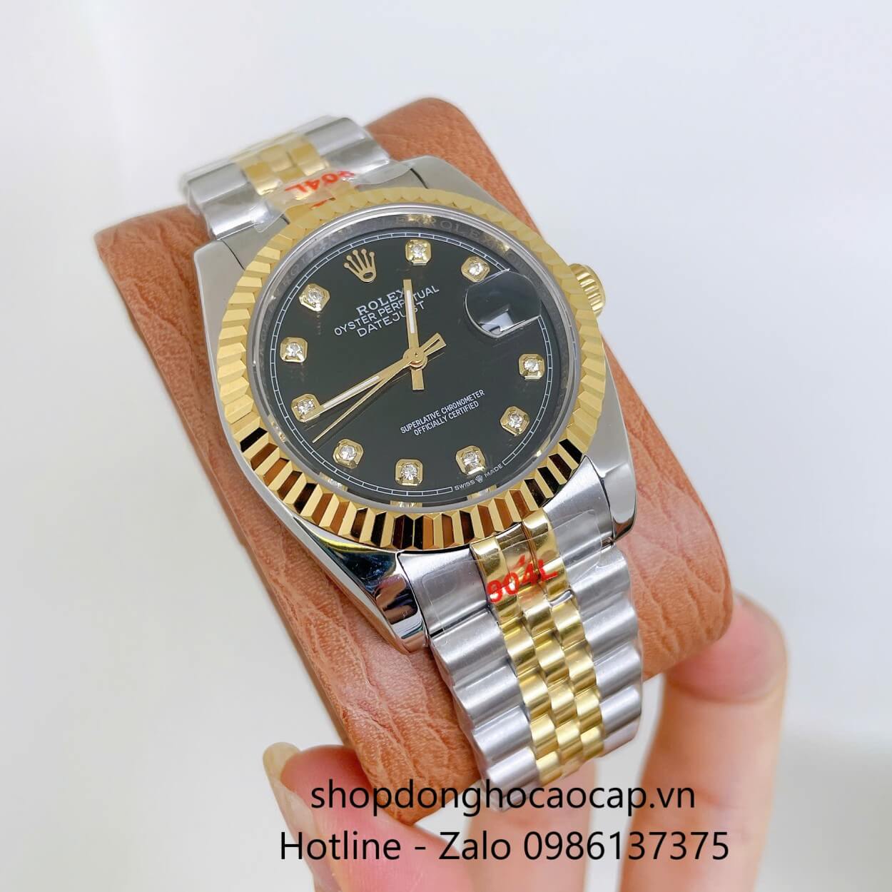 Đồng Hồ Cặp Rolex Datejust Máy Pin Dây Demi Vàng Mặt Đen Niềng Khía Size 36mm - 31mm