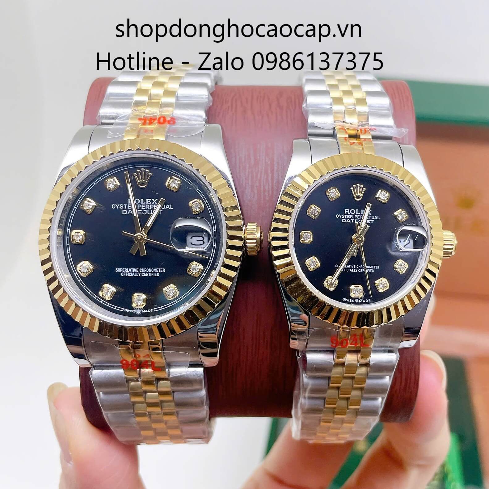 Đồng Hồ Cặp Rolex Datejust Máy Pin Dây Demi Vàng Mặt Đen Niềng Khía Size 36mm - 31mm