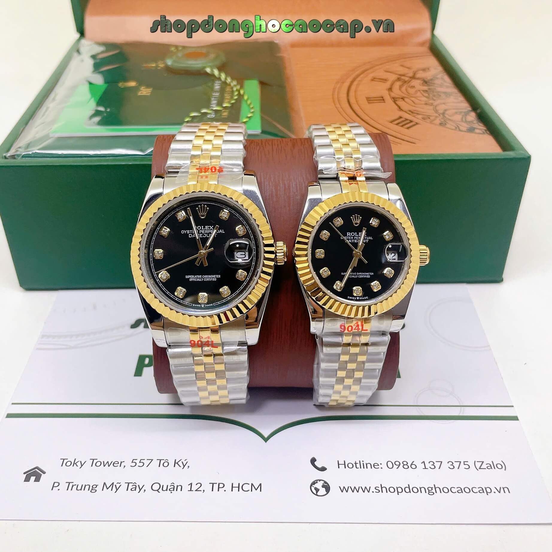 Đồng Hồ Cặp Rolex Datejust Máy Pin Dây Demi Vàng Mặt Đen Niềng Khía Size 36mm - 31mm