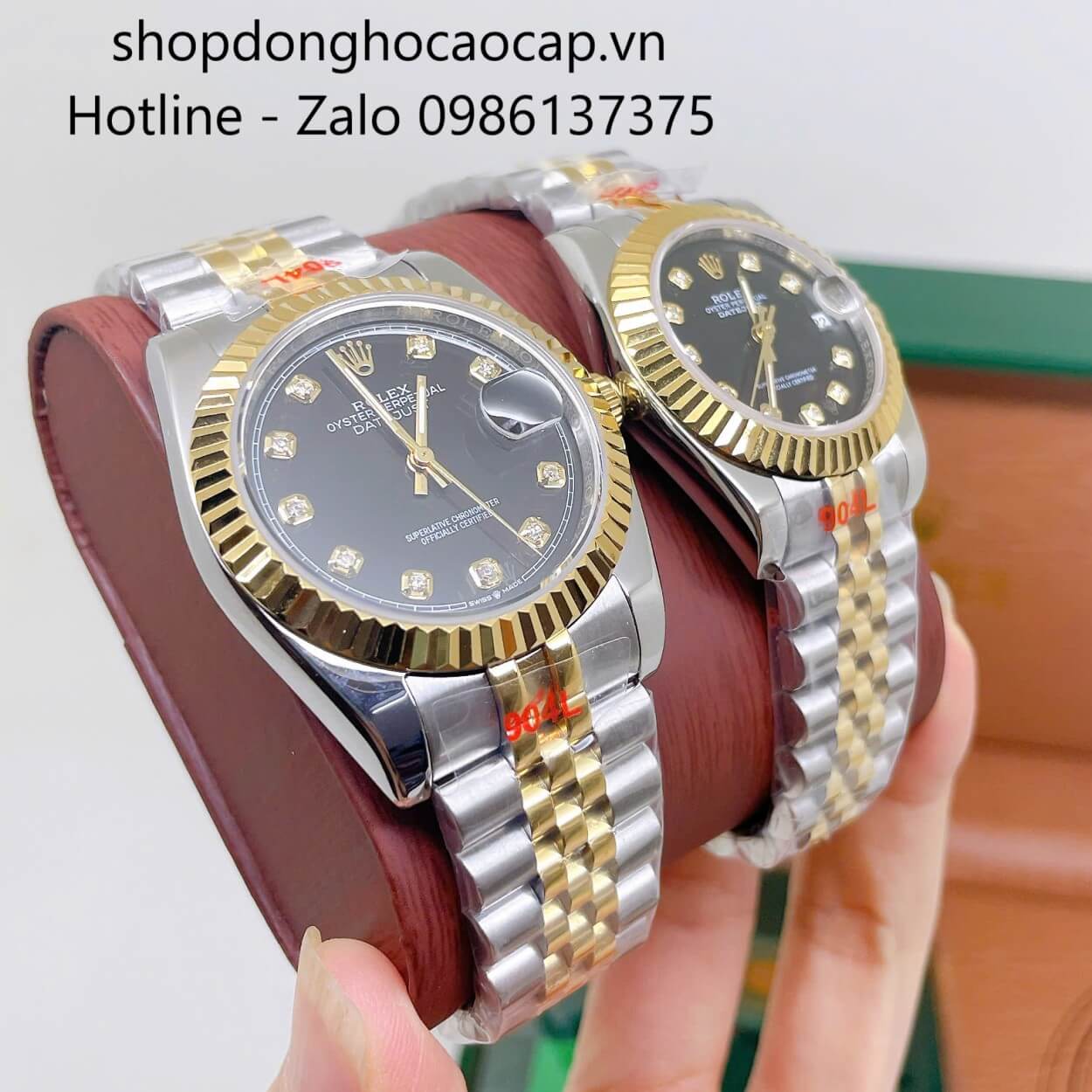 Đồng Hồ Cặp Rolex Datejust Máy Pin Dây Demi Vàng Mặt Đen Niềng Khía Size 36mm - 31mm