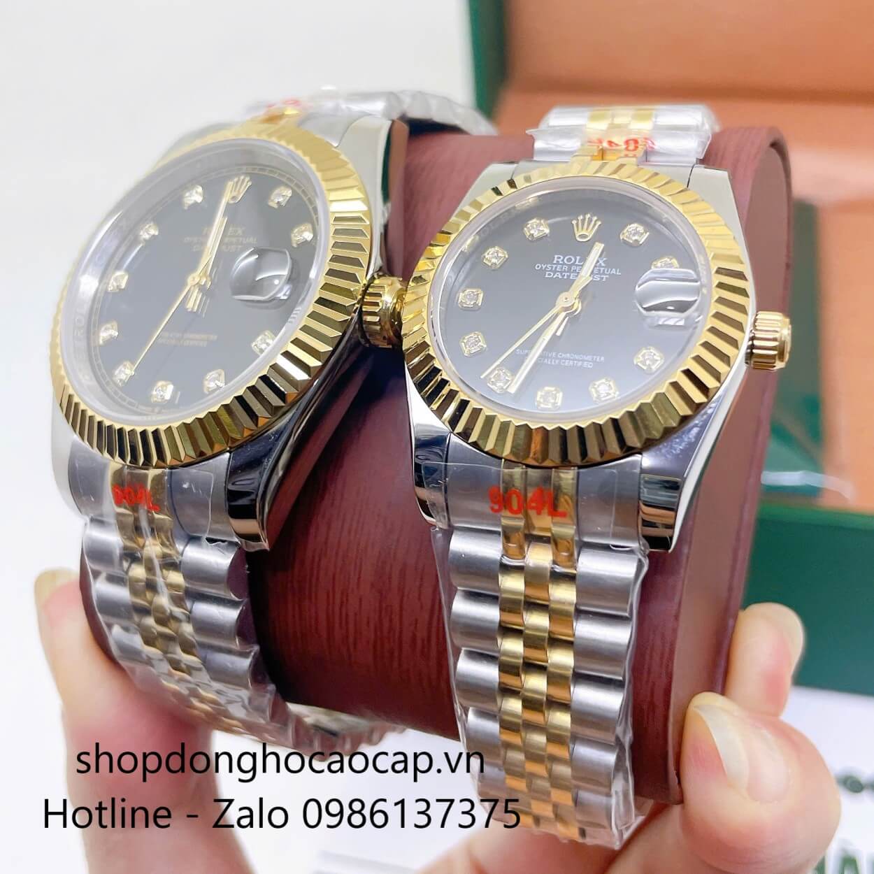 Đồng Hồ Cặp Rolex Datejust Máy Pin Dây Demi Vàng Mặt Đen Niềng Khía Size 41mm - 31mm