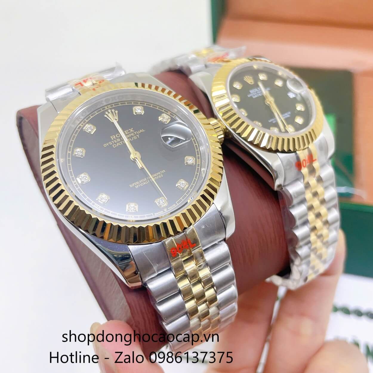 Đồng Hồ Cặp Rolex Datejust Máy Pin Dây Demi Vàng Mặt Đen Niềng Khía Size 41mm - 31mm
