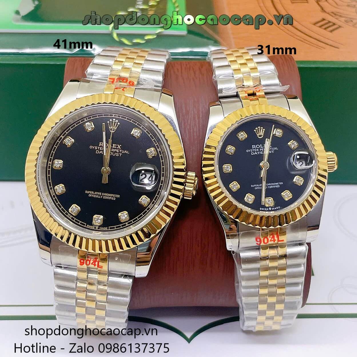 Đồng Hồ Cặp Rolex Datejust Máy Pin Dây Demi Vàng Mặt Đen Niềng Khía Size 41mm - 31mm