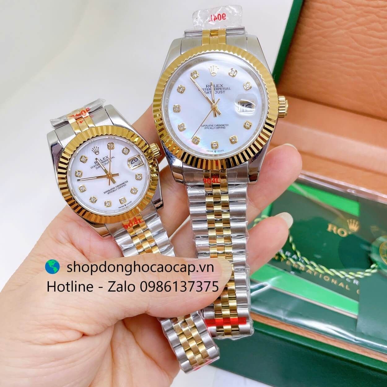 Đồng Hồ Cặp Rolex Datejust Máy Pin Dây Demi Vàng Mặt Trắng Xà Cừ Niềng Khía Size 41mm - 31mm