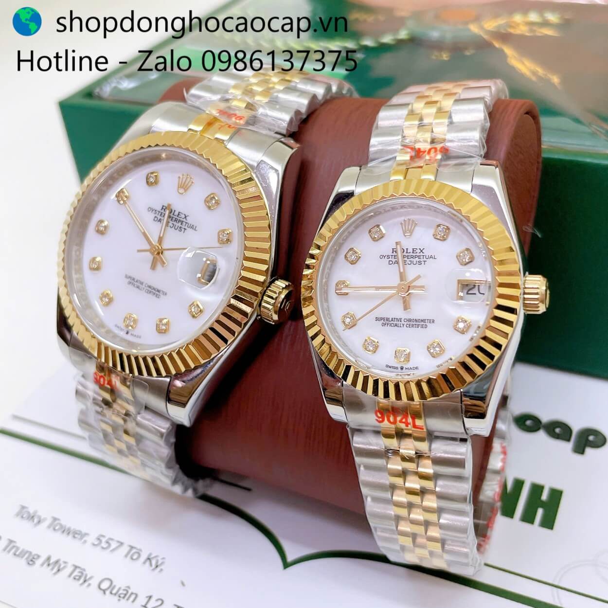 Đồng Hồ Cặp Rolex Datejust Máy Pin Dây Demi Vàng Mặt Trắng Xà Cừ Niềng Khía Size 41mm - 31mm