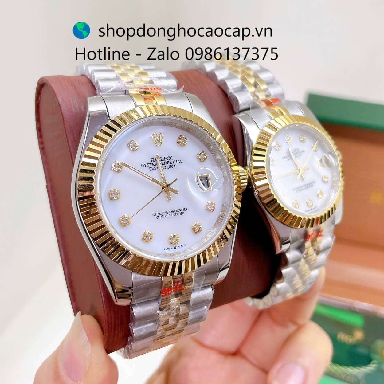 Đồng Hồ Cặp Rolex Datejust Máy Pin Dây Demi Vàng Mặt Trắng Xà Cừ Niềng Khía Size 41mm - 31mm