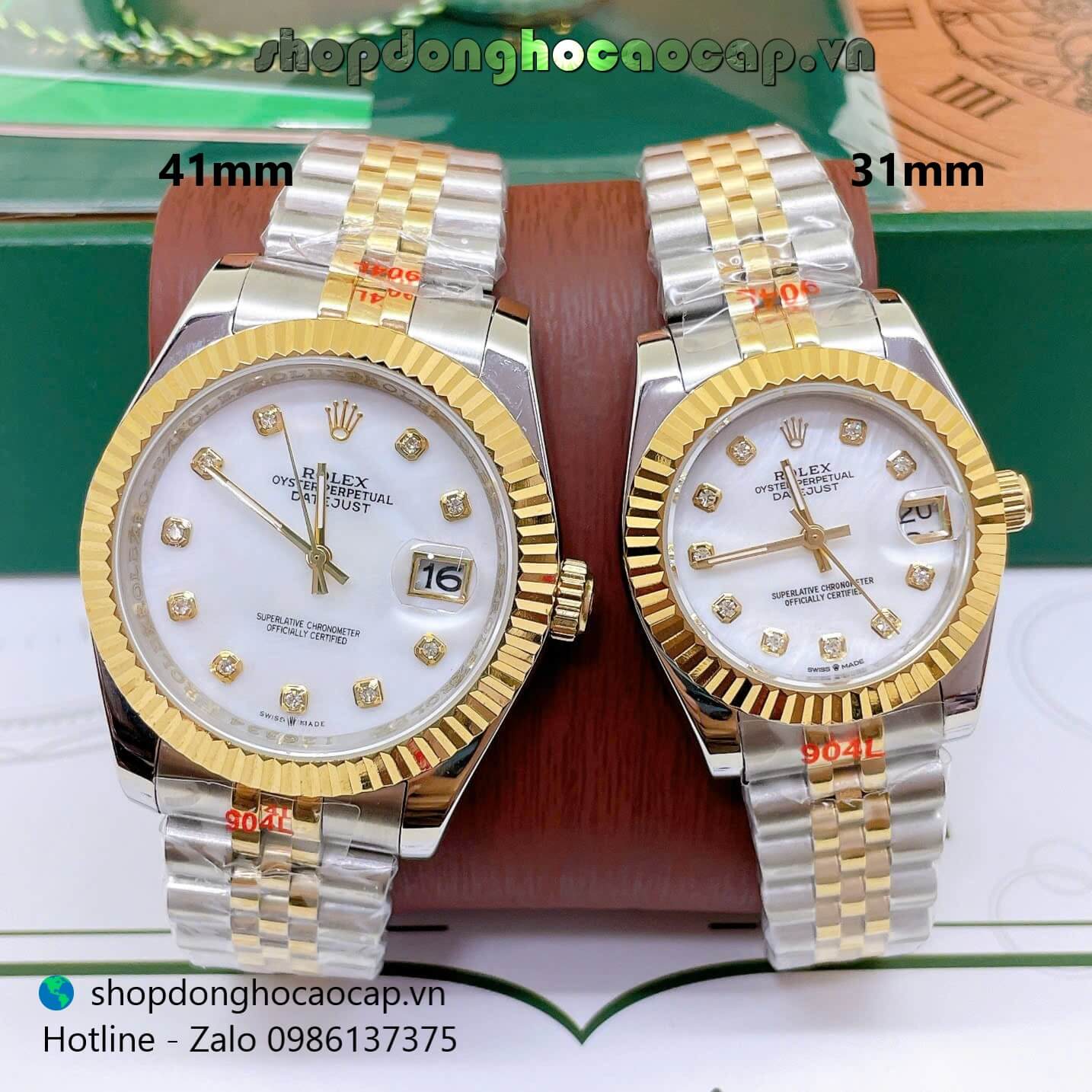 Đồng Hồ Cặp Rolex Datejust Máy Pin Dây Demi Vàng Mặt Trắng Xà Cừ Niềng Khía Size 41mm - 31mm