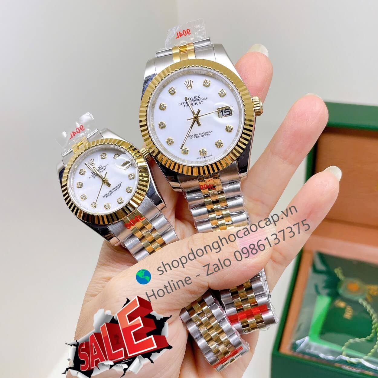 Đồng Hồ Cặp Rolex Datejust Máy Pin Dây Demi Vàng Mặt Trắng Xà Cừ Niềng Khía Size 41mm - 31mm