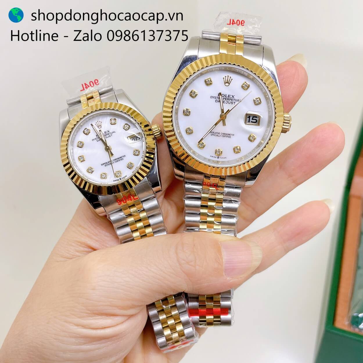Đồng Hồ Cặp Rolex Datejust Máy Pin Dây Demi Vàng Mặt Trắng Xà Cừ Niềng Khía Size 41mm - 31mm
