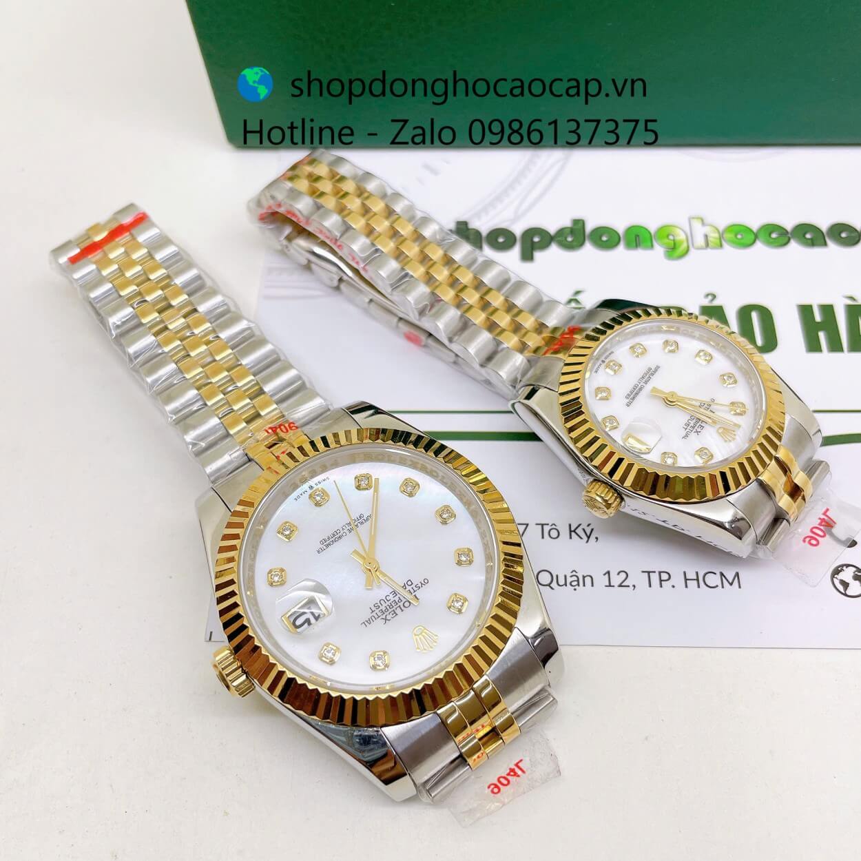 Đồng Hồ Cặp Rolex Datejust Máy Pin Dây Demi Vàng Mặt Trắng Xà Cừ Niềng Khía Size 41mm - 31mm