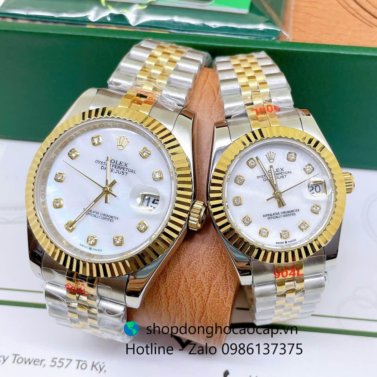 Đồng Hồ Cặp Rolex Datejust Máy Pin Dây Demi Vàng Mặt Trắng Xà Cừ Niềng Khía Size 41mm - 31mm