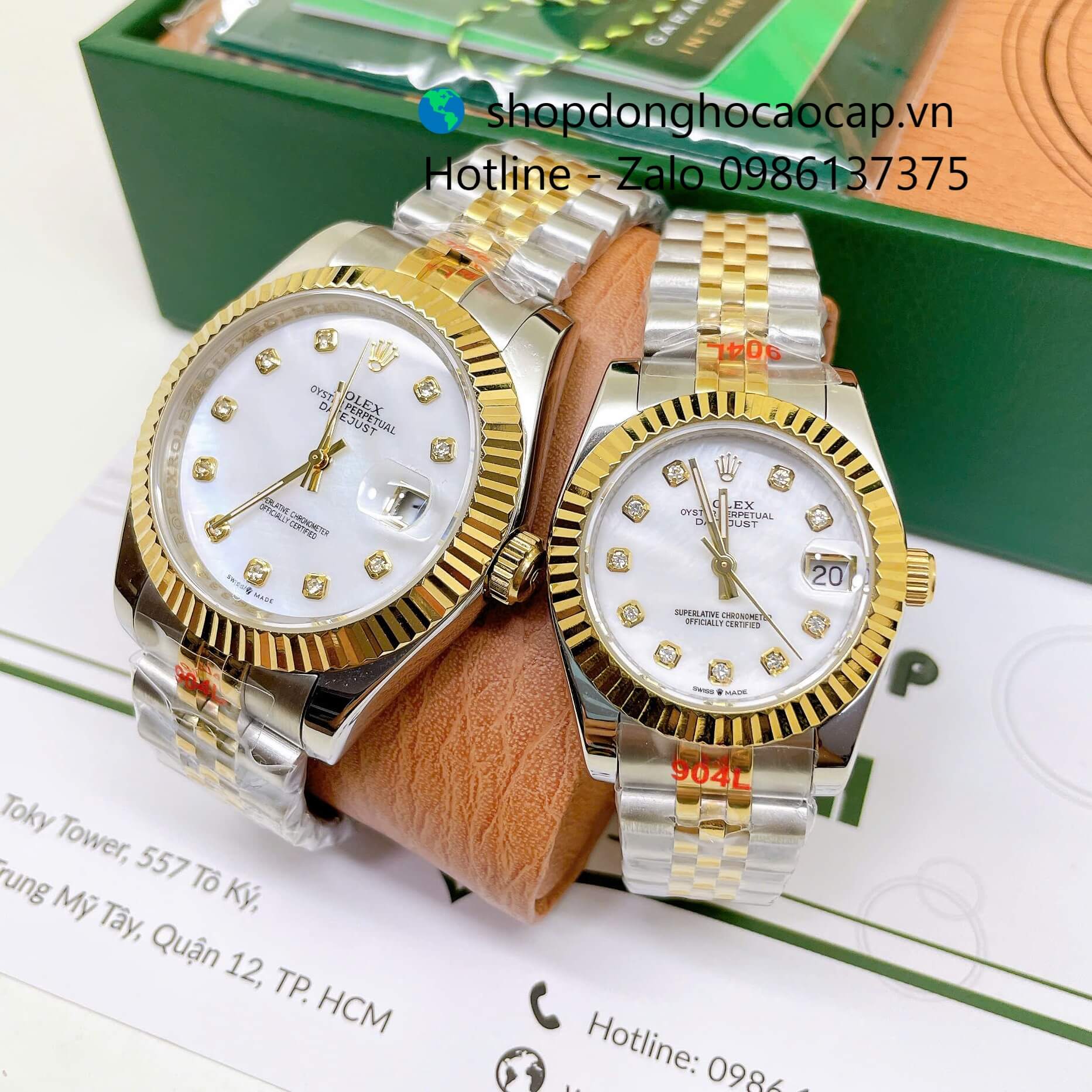 Đồng Hồ Cặp Rolex Datejust Máy Pin Dây Demi Vàng Mặt Trắng Xà Cừ Niềng Khía Size 41mm - 31mm