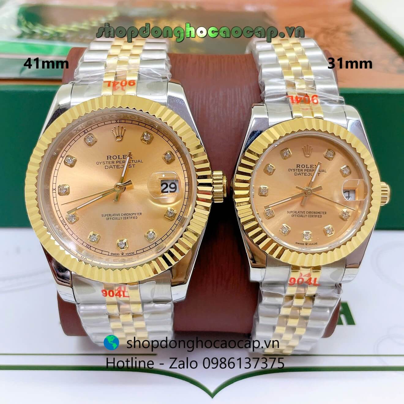 Đồng Hồ Cặp Rolex Datejust Máy Pin Dây Demi Vàng Mặt Vàng Niềng Khía Size 41mm - 31mm