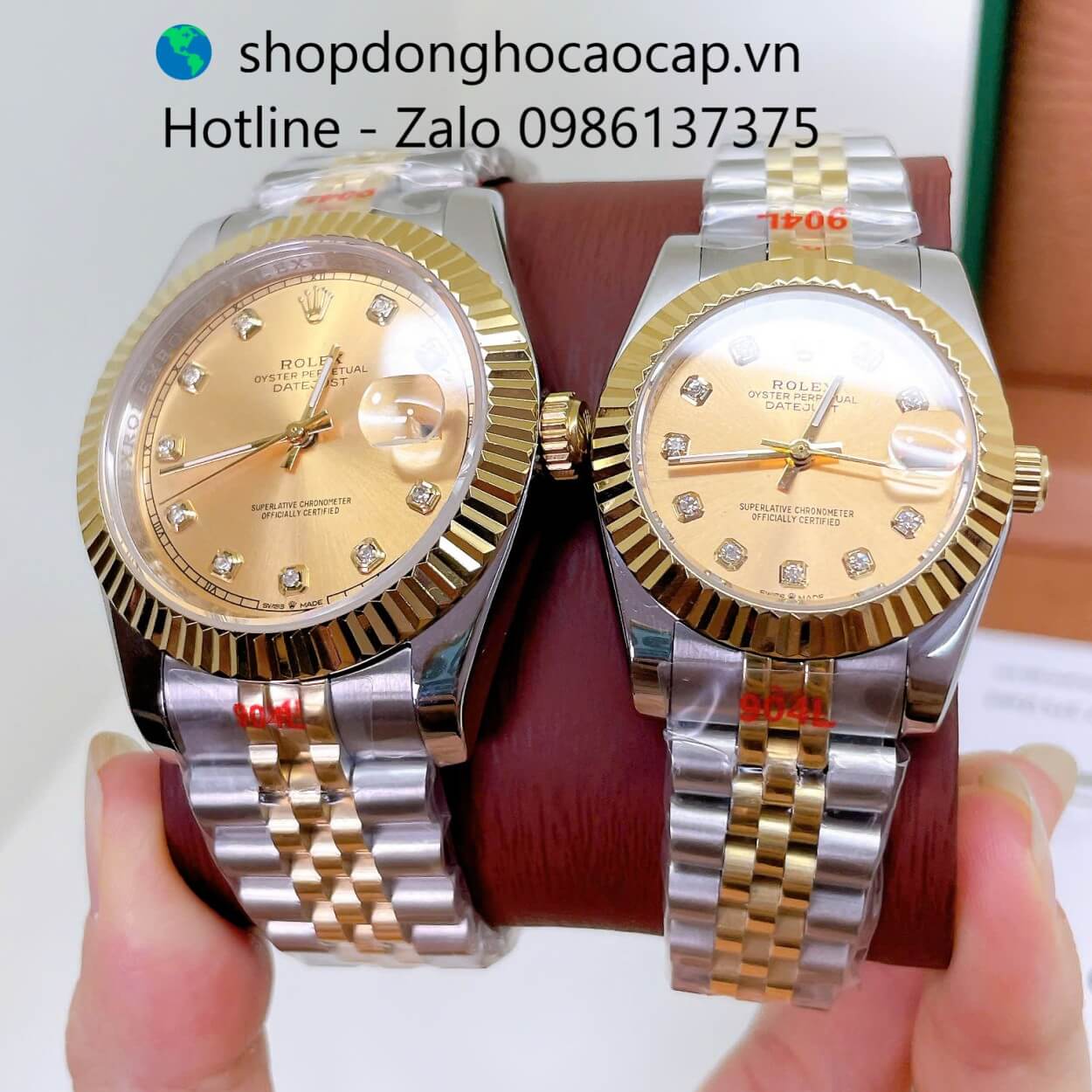 Đồng Hồ Cặp Rolex Datejust Máy Pin Dây Demi Vàng Mặt Vàng Niềng Khía Size 41mm - 31mm