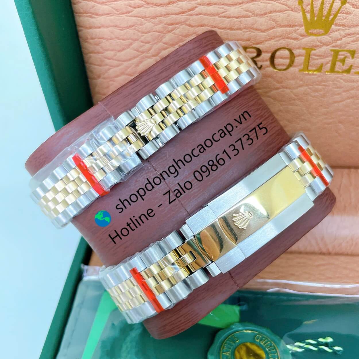 Đồng Hồ Cặp Rolex Datejust Máy Pin Dây Demi Vàng Mặt Vàng Niềng Khía Size 41mm - 31mm