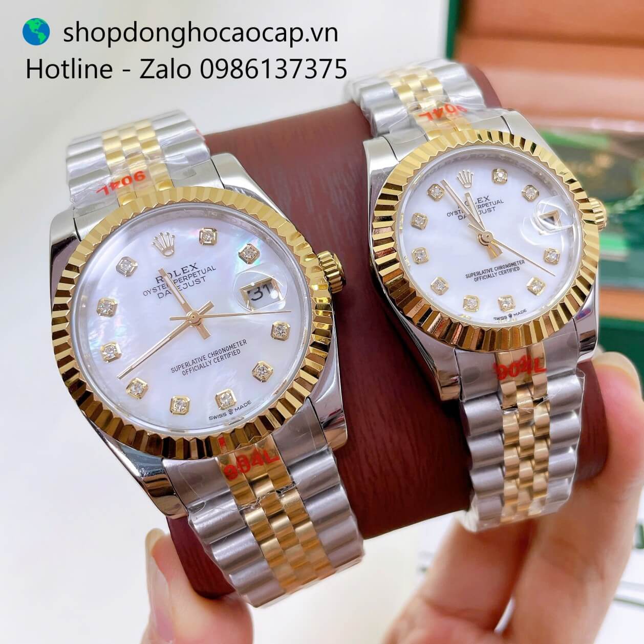 Đồng Hồ Cặp Rolex Datejust Máy Pin Dây Demi Vàng Mặt Xà Cừ Trắng Niềng Khía Size 36mm - 31mm