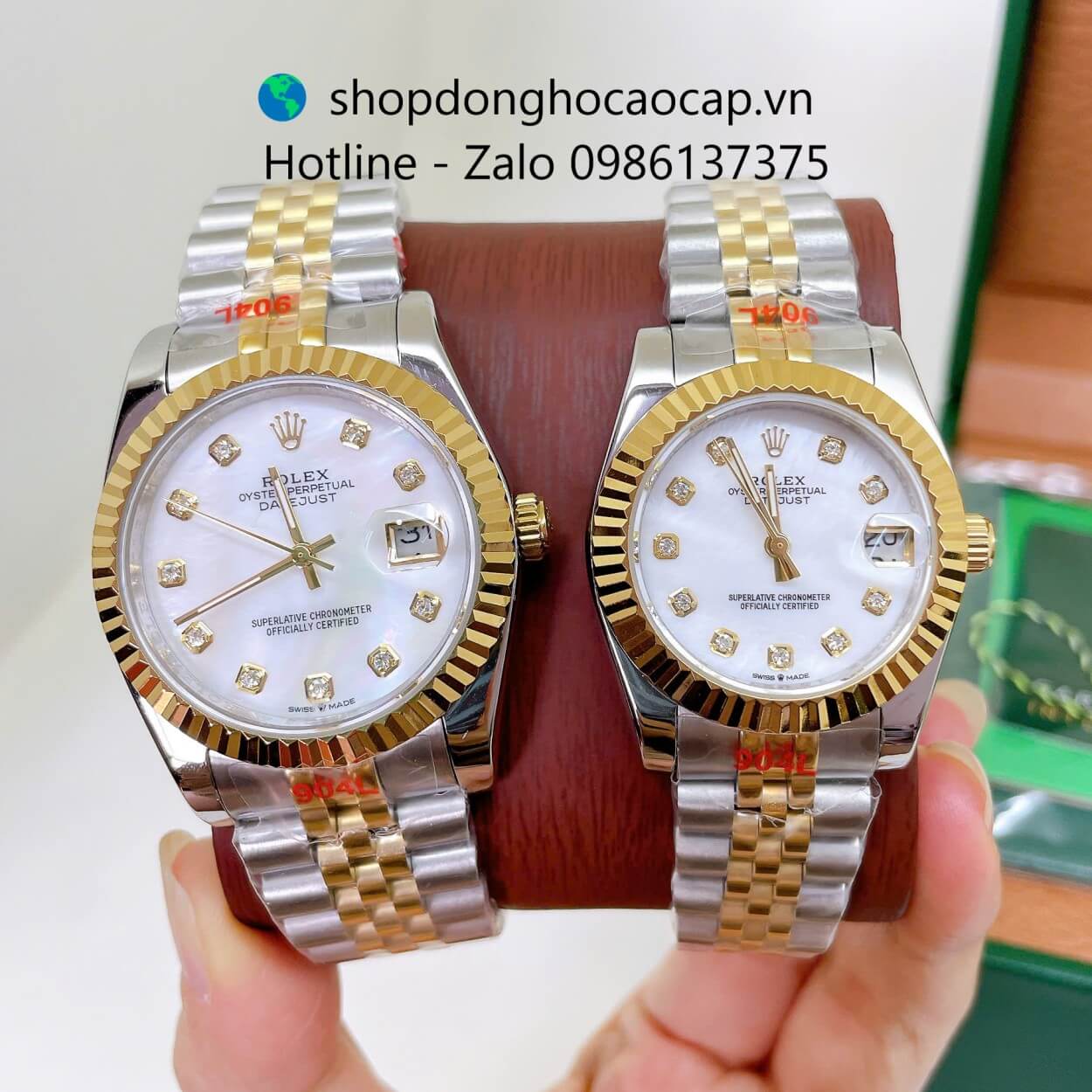 Đồng Hồ Cặp Rolex Datejust Máy Pin Dây Demi Vàng Mặt Xà Cừ Trắng Niềng Khía Size 36mm - 31mm