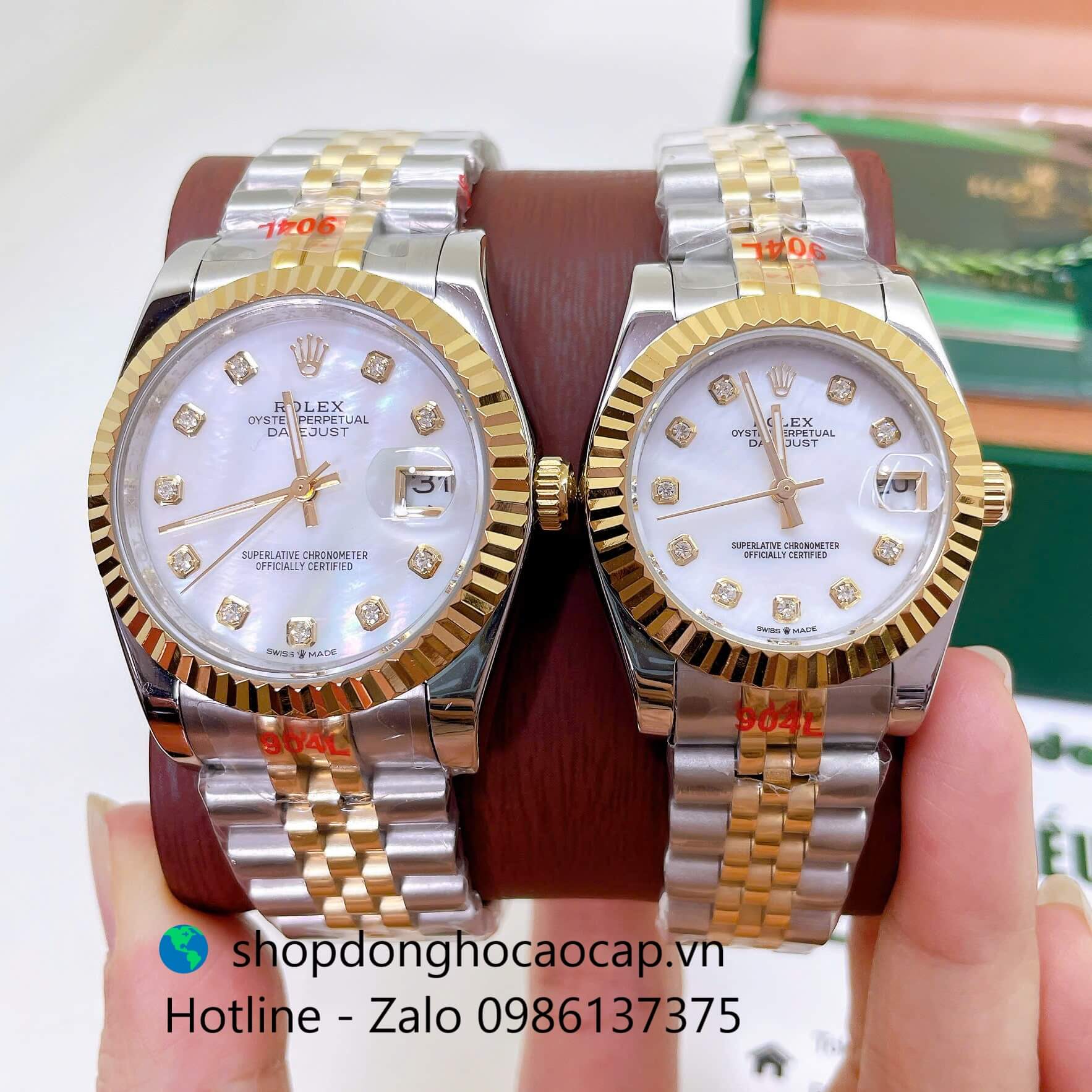 Đồng Hồ Cặp Rolex Datejust Máy Pin Dây Demi Vàng Mặt Xà Cừ Trắng Niềng Khía Size 36mm - 31mm