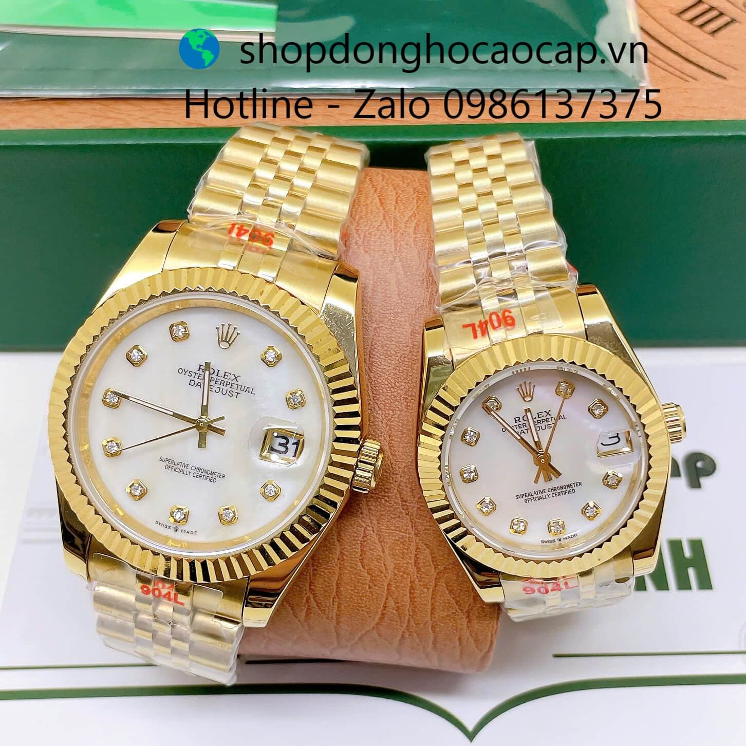 Đồng Hồ Cặp Rolex Datejust Máy Pin Dây Vàng Mặt Trắng Xà Cừ Niềng Khía Size 41mm - 31mm