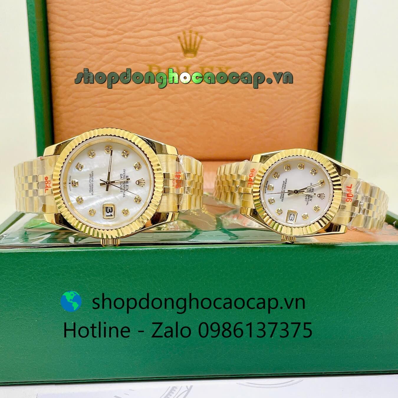Đồng Hồ Cặp Rolex Datejust Máy Pin Dây Vàng Mặt Trắng Xà Cừ Niềng Khía Size 41mm - 31mm