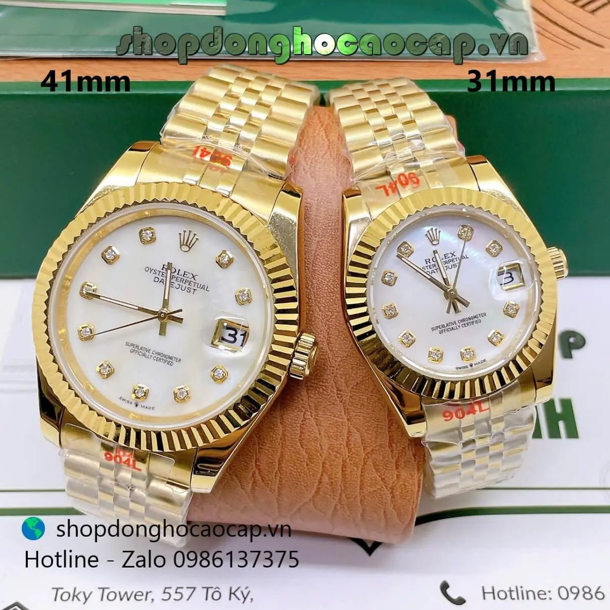 Đồng Hồ Cặp Rolex Datejust Máy Pin Dây Vàng Mặt Trắng Xà Cừ Niềng Khía Size 41mm - 31mm