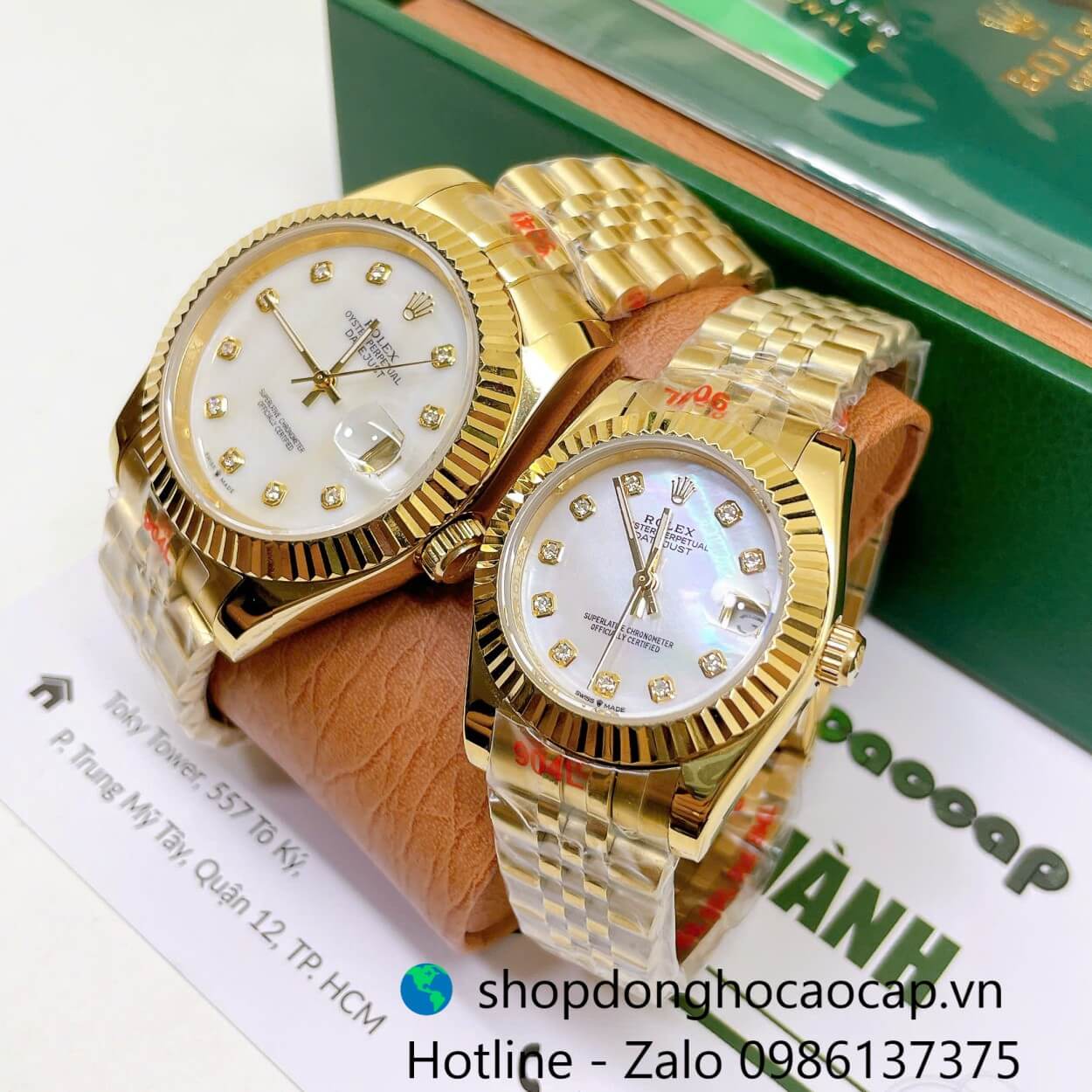 Đồng Hồ Cặp Rolex Datejust Máy Pin Dây Vàng Mặt Trắng Xà Cừ Niềng Khía Size 41mm - 31mm