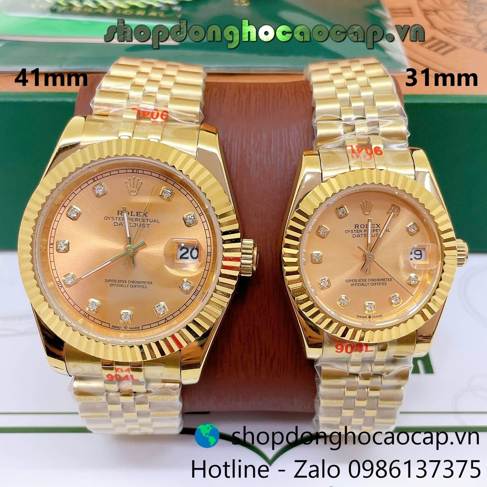 Đồng Hồ Cặp Rolex Datejust Máy Pin Dây Vàng Mặt Vàng Niềng Khía Size 41mm - 31mm