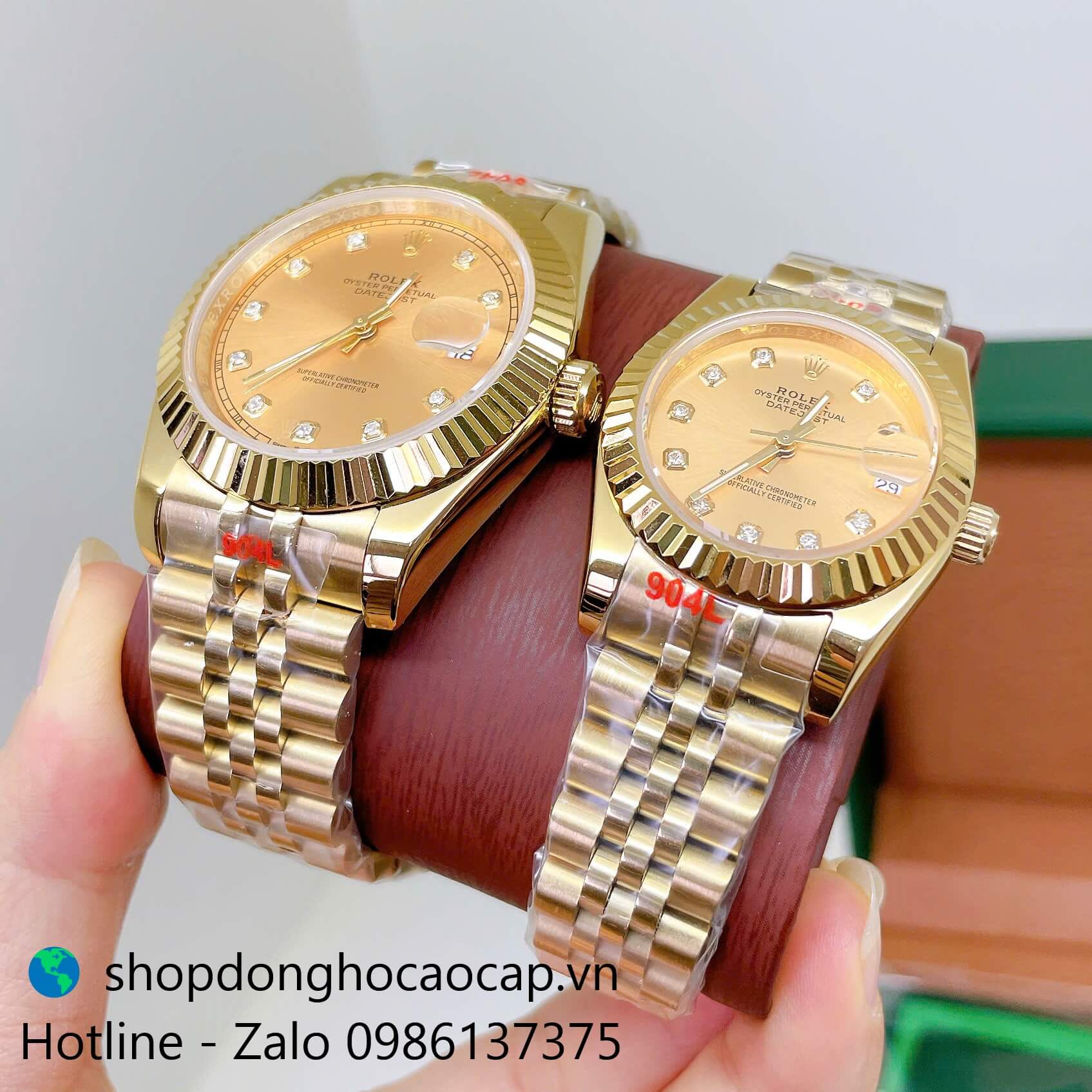 Đồng Hồ Cặp Rolex Datejust Máy Pin Dây Vàng Mặt Vàng Niềng Khía Size 41mm - 31mm