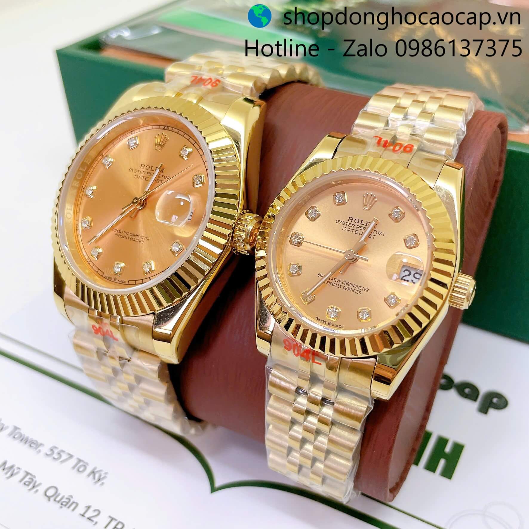 Đồng Hồ Cặp Rolex Datejust Máy Pin Dây Vàng Mặt Vàng Niềng Khía Size 41mm - 31mm