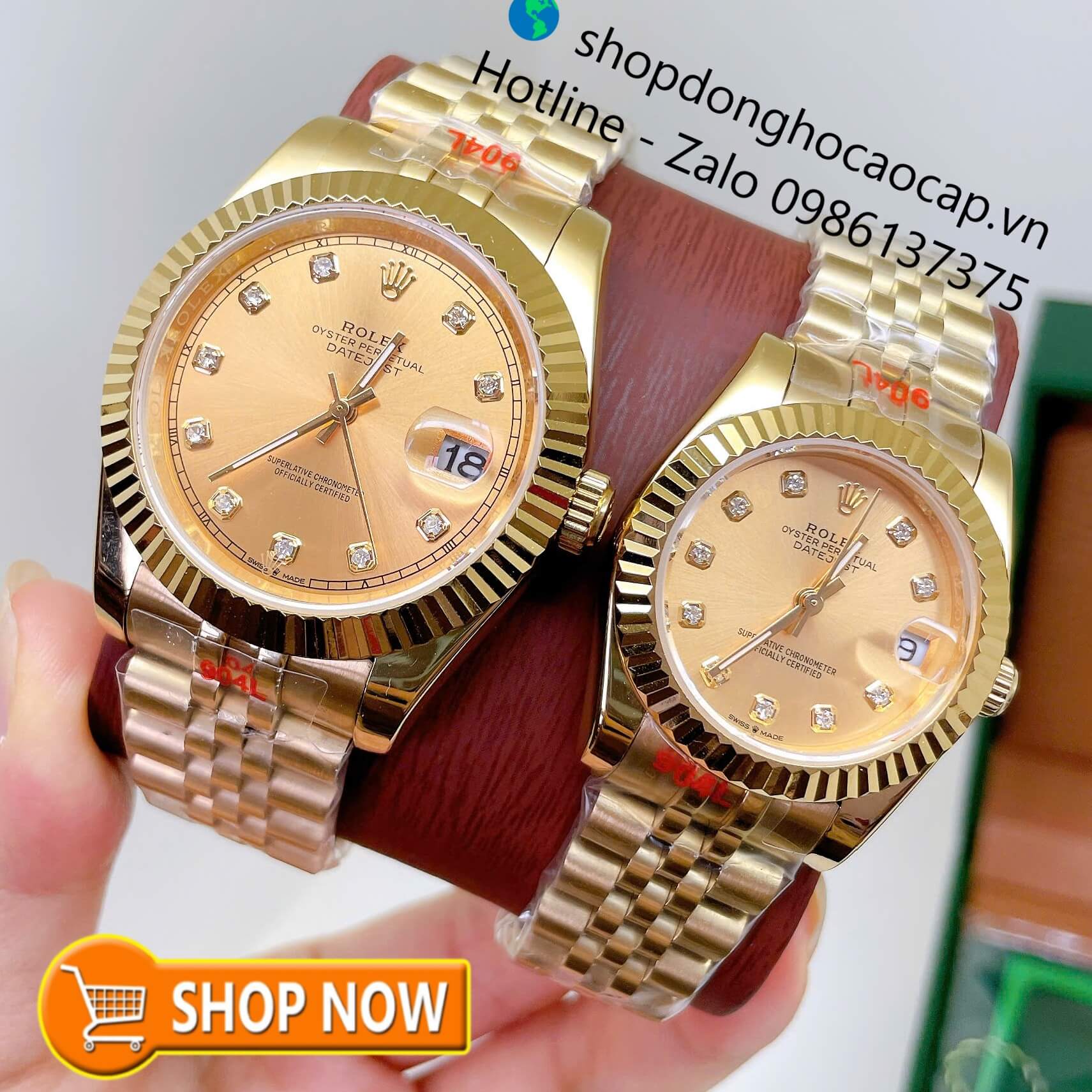 Đồng Hồ Cặp Rolex Datejust Máy Pin Dây Vàng Mặt Vàng Niềng Khía Size 41mm - 31mm