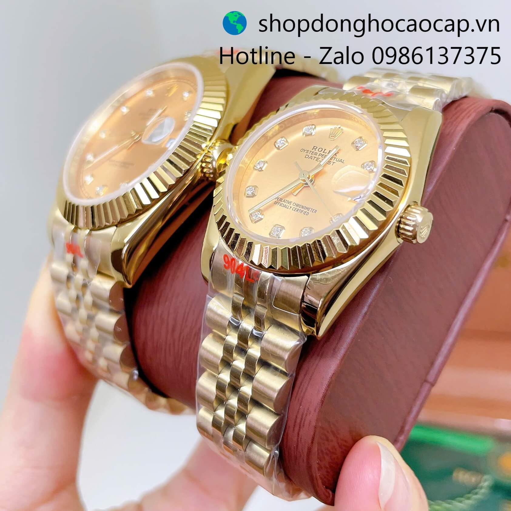 Đồng Hồ Cặp Rolex Datejust Máy Pin Dây Vàng Mặt Vàng Niềng Khía Size 41mm - 31mm
