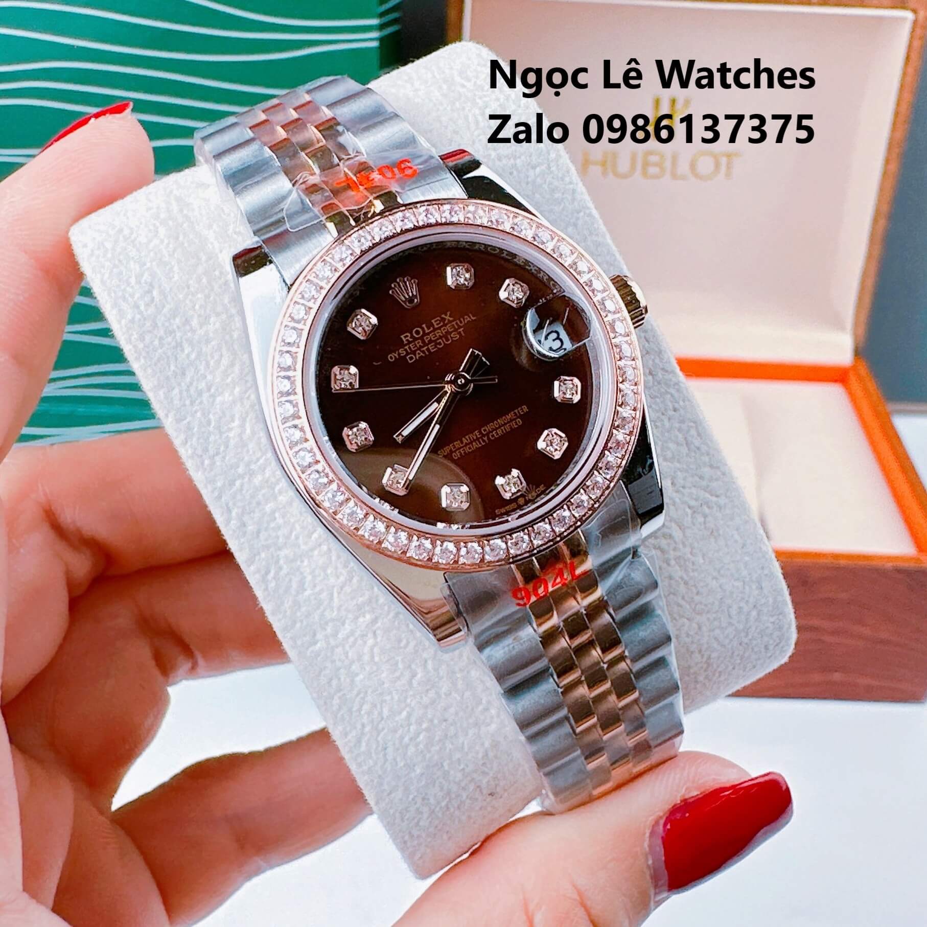 Đồng Hồ Cặp Rolex Datejust Máy Pin Demi Rose Gold Mặt Nâu Viền Đá Size 36mm - 31mm