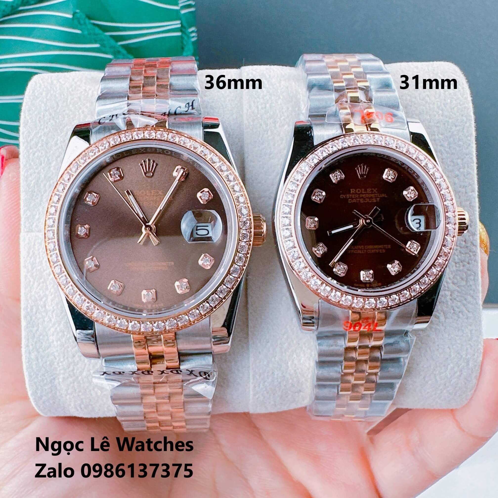 Đồng Hồ Cặp Rolex Datejust Máy Pin Demi Rose Gold Mặt Nâu Viền Đá Size 36mm - 31mm