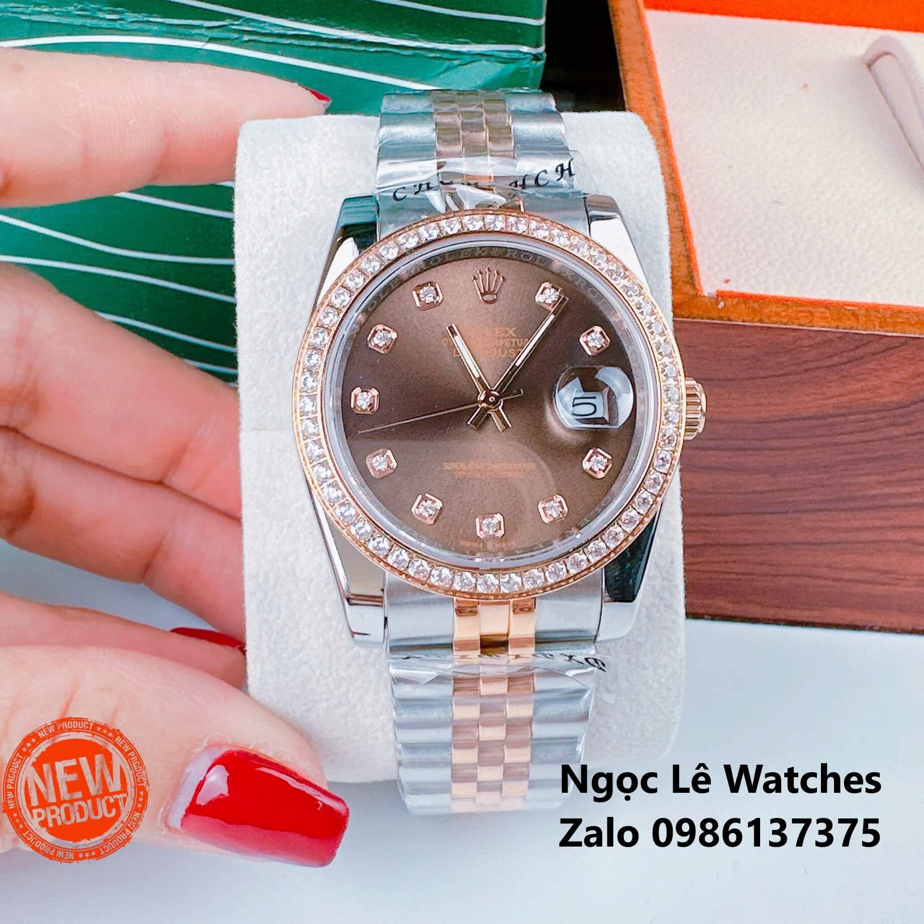 Đồng Hồ Cặp Rolex Datejust Máy Pin Demi Rose Gold Mặt Nâu Viền Đá Size 36mm - 31mm