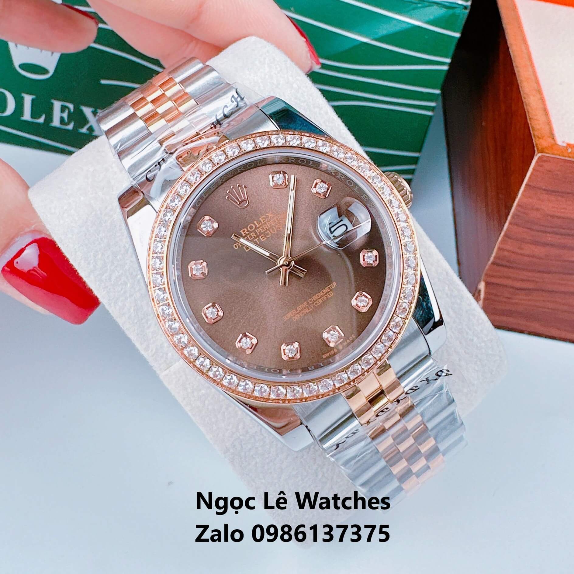 Đồng Hồ Cặp Rolex Datejust Máy Pin Demi Rose Gold Mặt Nâu Viền Đá Size 36mm - 31mm