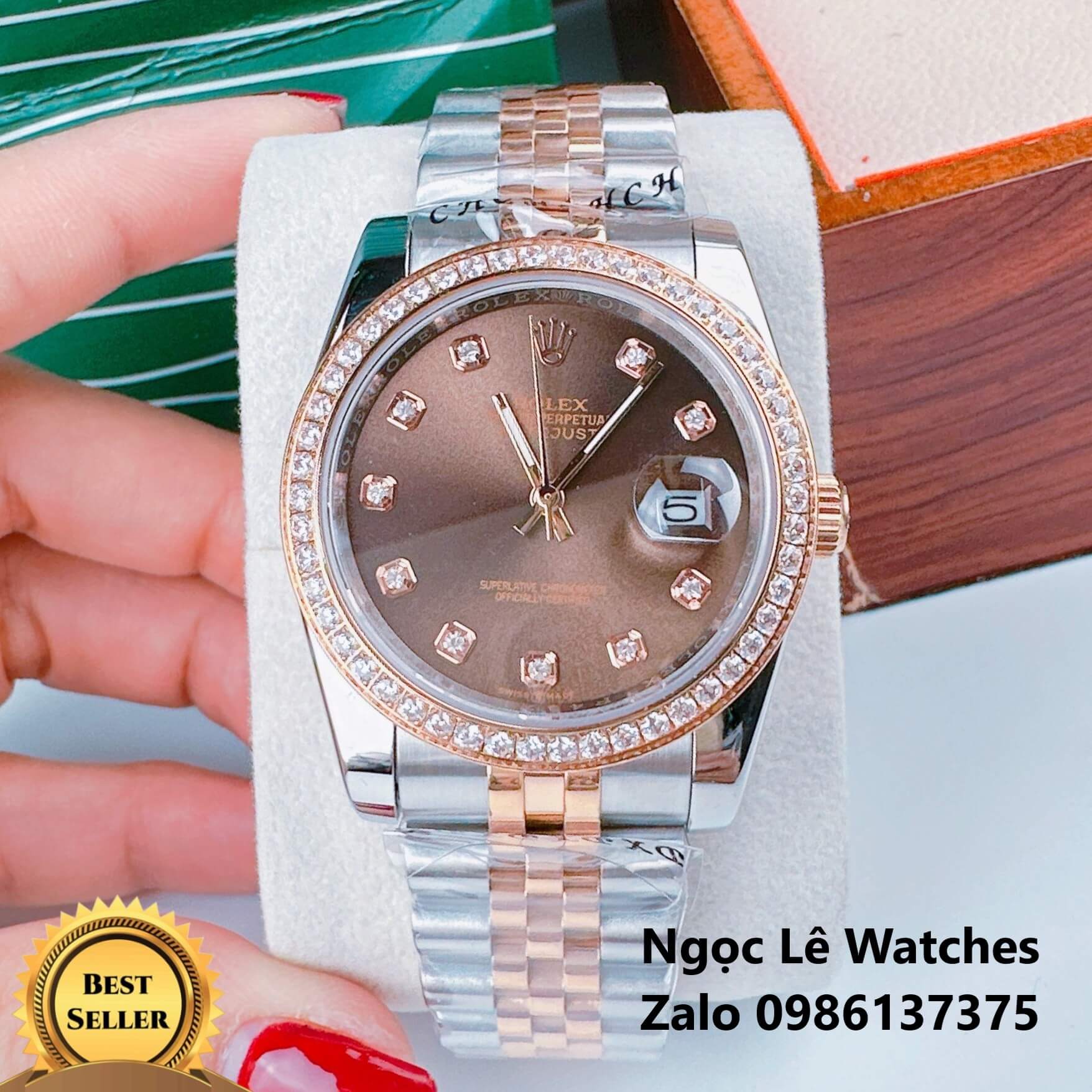 Đồng Hồ Cặp Rolex Datejust Máy Pin Demi Rose Gold Mặt Nâu Viền Đá Size 36mm - 31mm