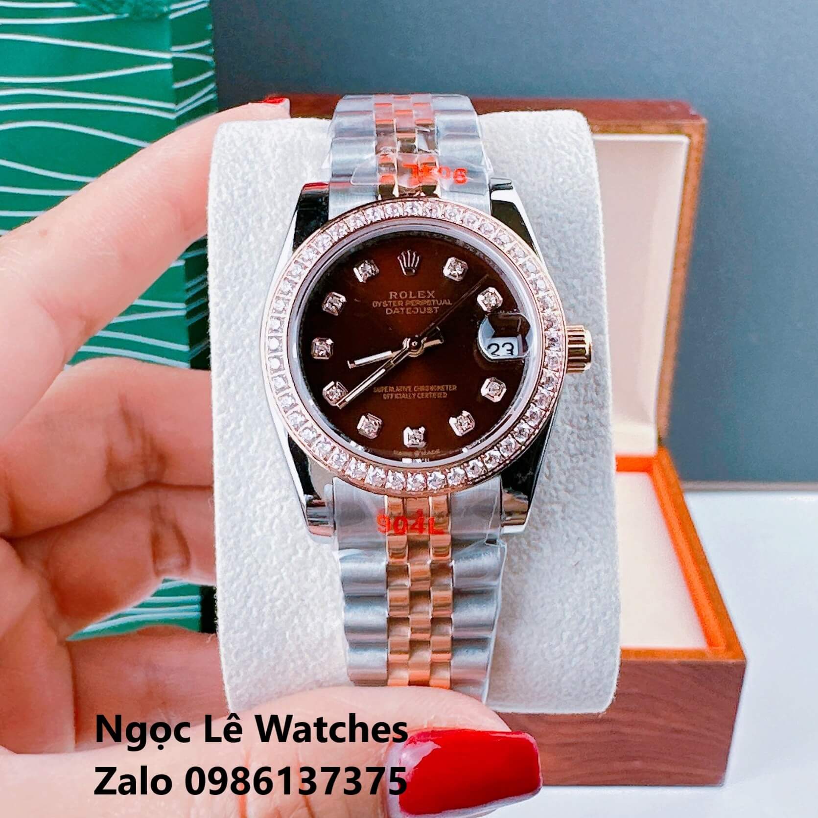 Đồng Hồ Cặp Rolex Datejust Máy Pin Demi Rose Gold Mặt Nâu Viền Đá Size 36mm - 31mm