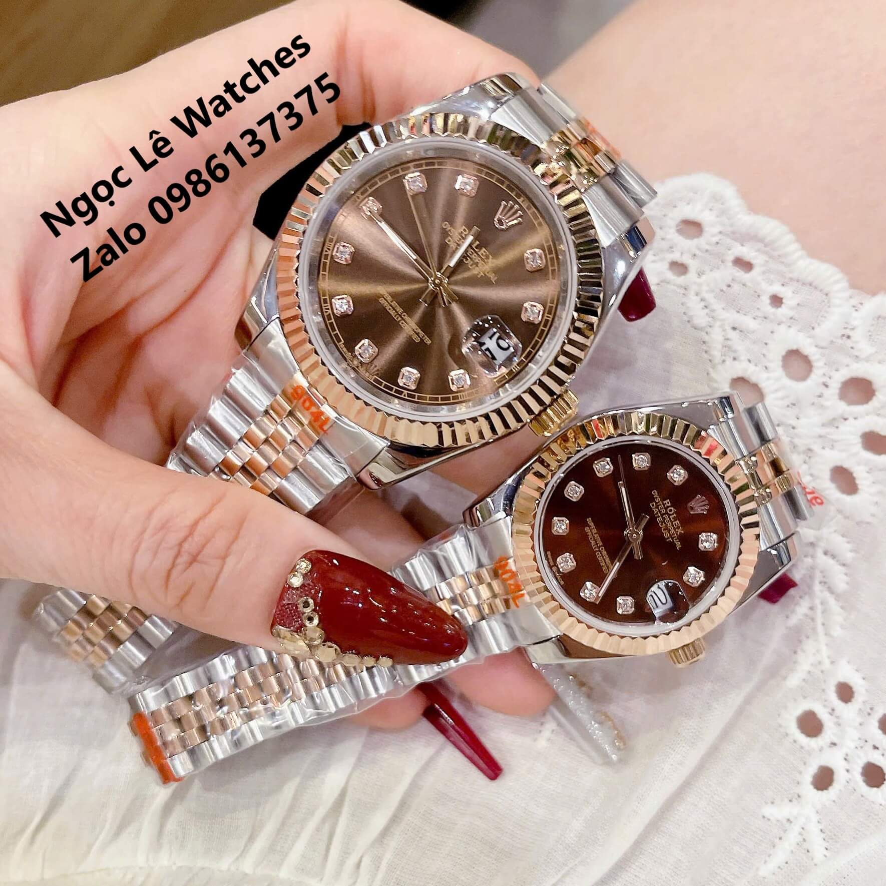 Đồng Hồ Cặp Rolex Datejust Máy Pin Demi Rose Mặt Nâu Niềng Khía Size Nam 41mm - Nữ 31mm