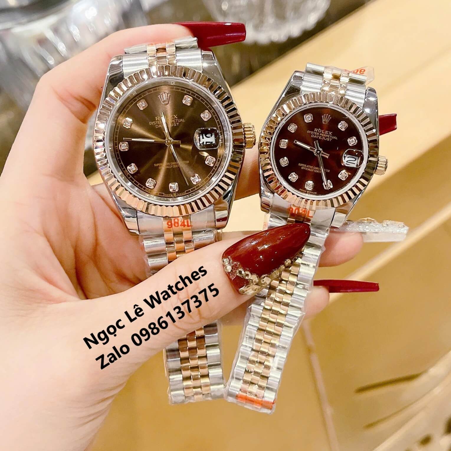 Đồng Hồ Cặp Rolex Datejust Máy Pin Demi Rose Mặt Nâu Niềng Khía Size Nam 41mm - Nữ 31mm