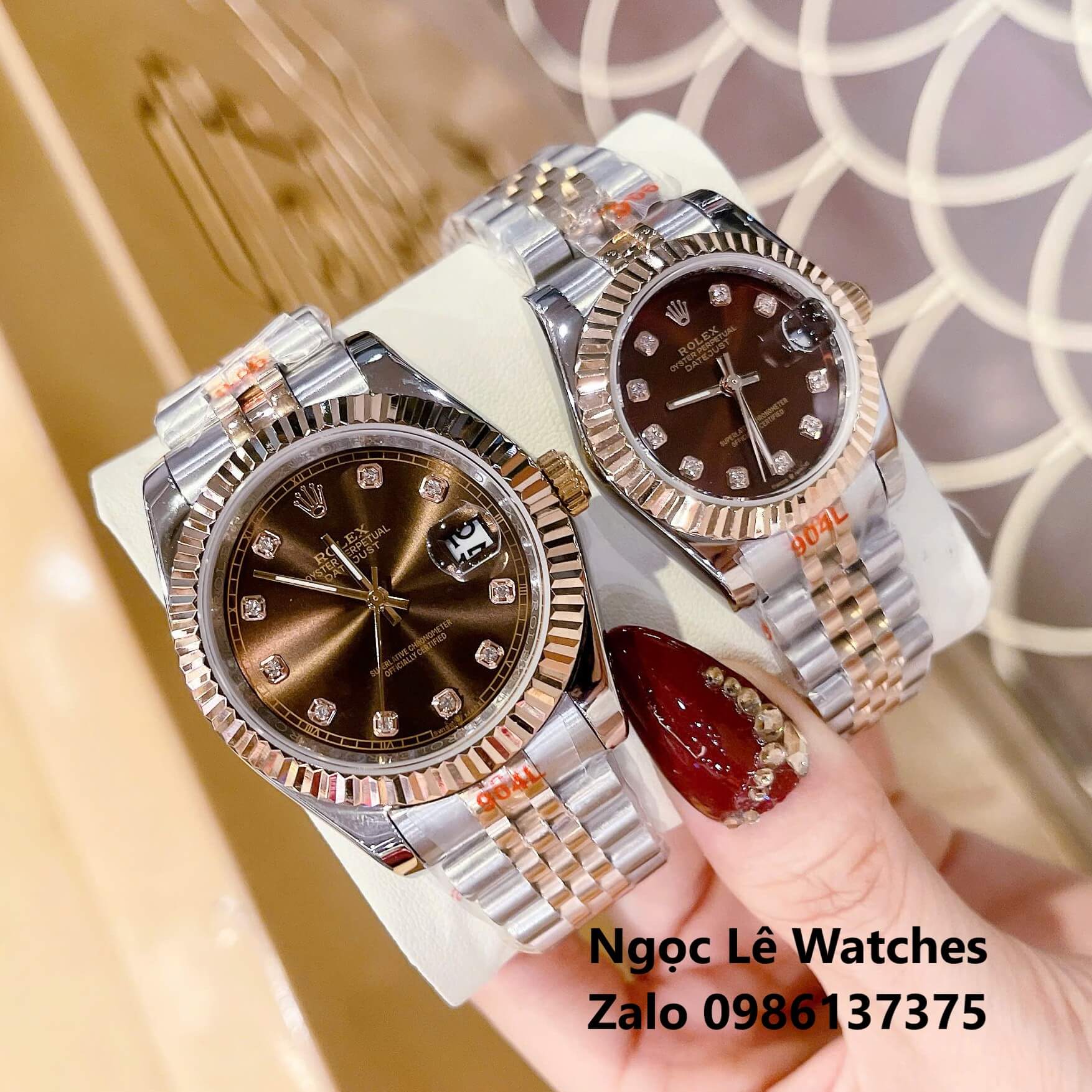 Đồng Hồ Cặp Rolex Datejust Máy Pin Demi Rose Mặt Nâu Niềng Khía Size Nam 41mm - Nữ 31mm