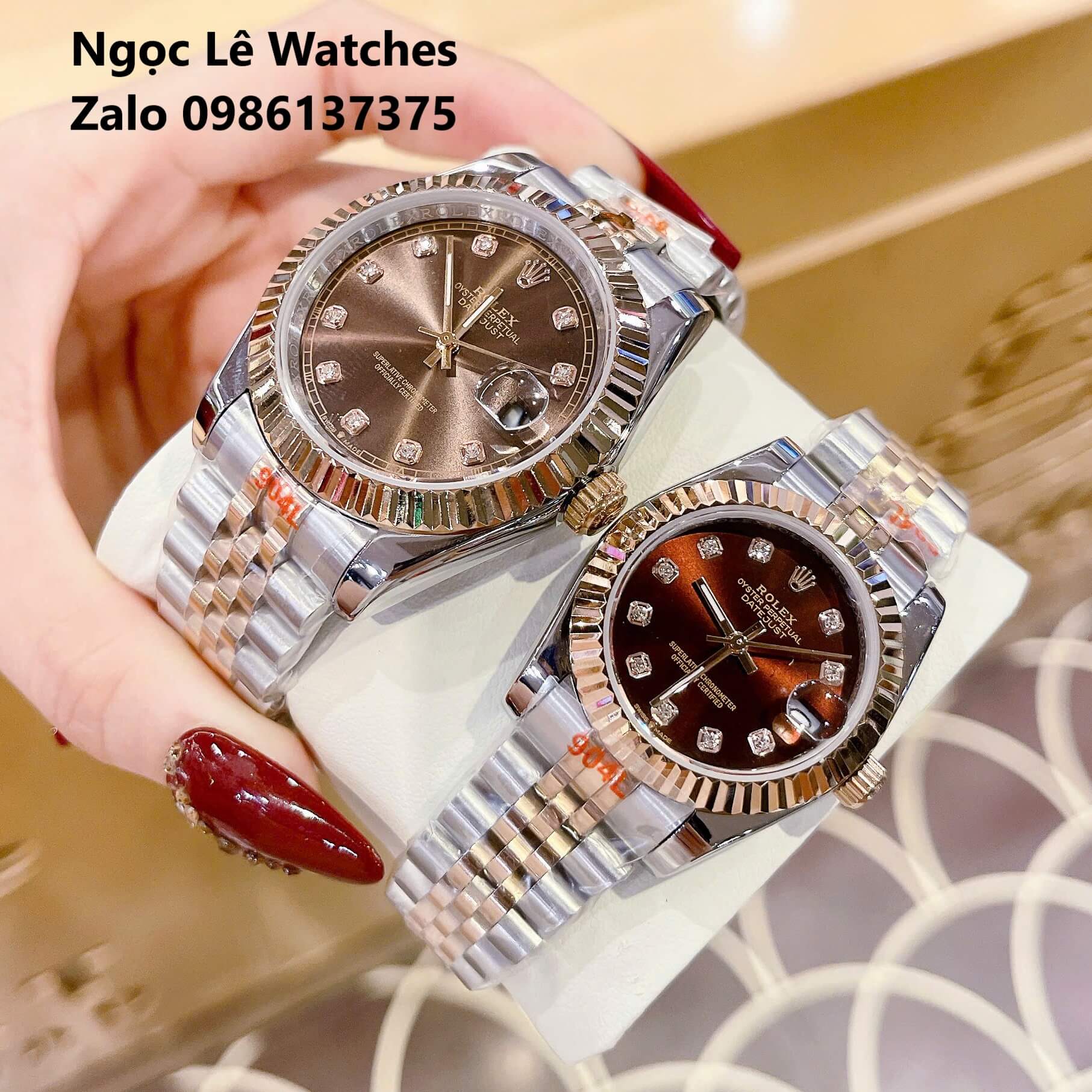 Đồng Hồ Cặp Rolex Datejust Máy Pin Demi Rose Mặt Nâu Niềng Khía Size Nam 41mm - Nữ 31mm
