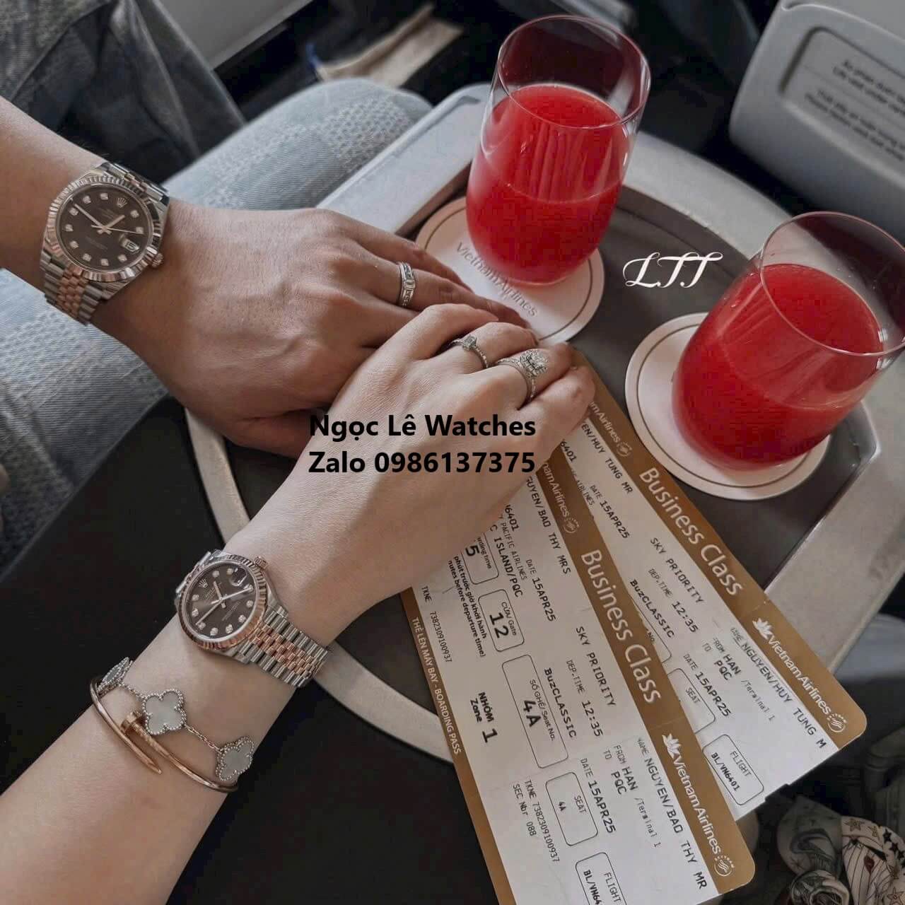 Đồng Hồ Cặp Rolex Datejust Máy Pin Demi Rose Mặt Nâu Niềng Khía Size Nam 41mm - Nữ 31mm