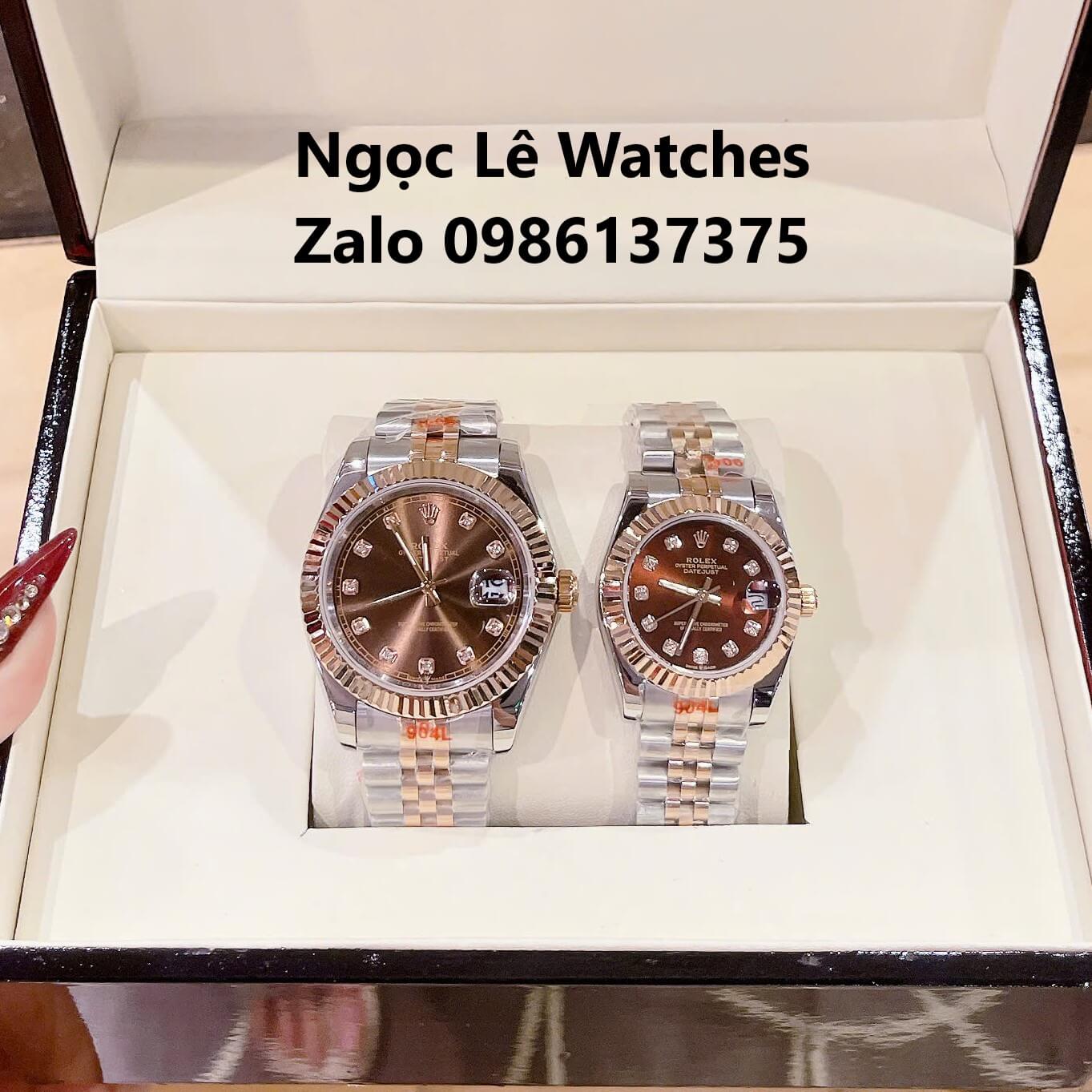 Đồng Hồ Cặp Rolex Datejust Máy Pin Demi Rose Mặt Nâu Niềng Khía Size Nam 41mm - Nữ 31mm