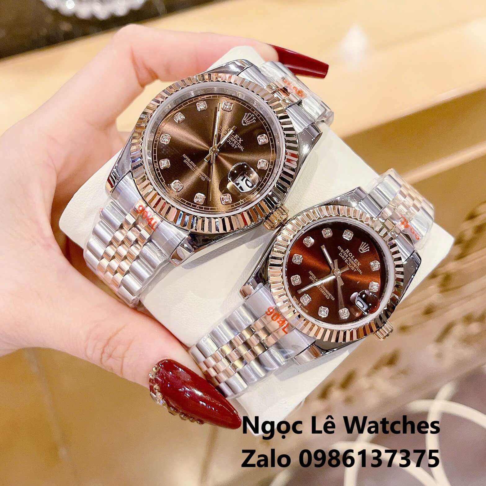 Đồng Hồ Cặp Rolex Datejust Máy Pin Demi Rose Mặt Nâu Niềng Khía Size Nam 41mm - Nữ 31mm