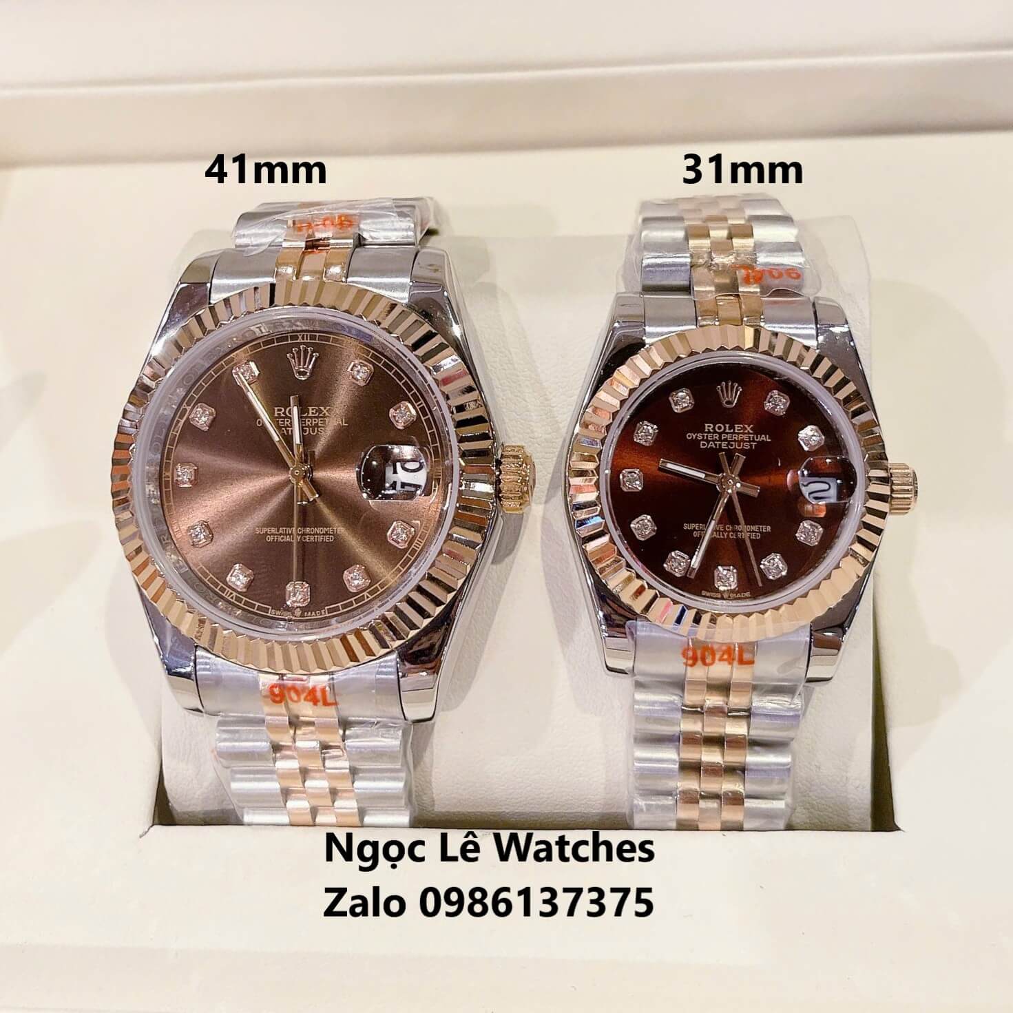 Đồng Hồ Cặp Rolex Datejust Máy Pin Demi Rose Mặt Nâu Niềng Khía Size Nam 41mm - Nữ 31mm