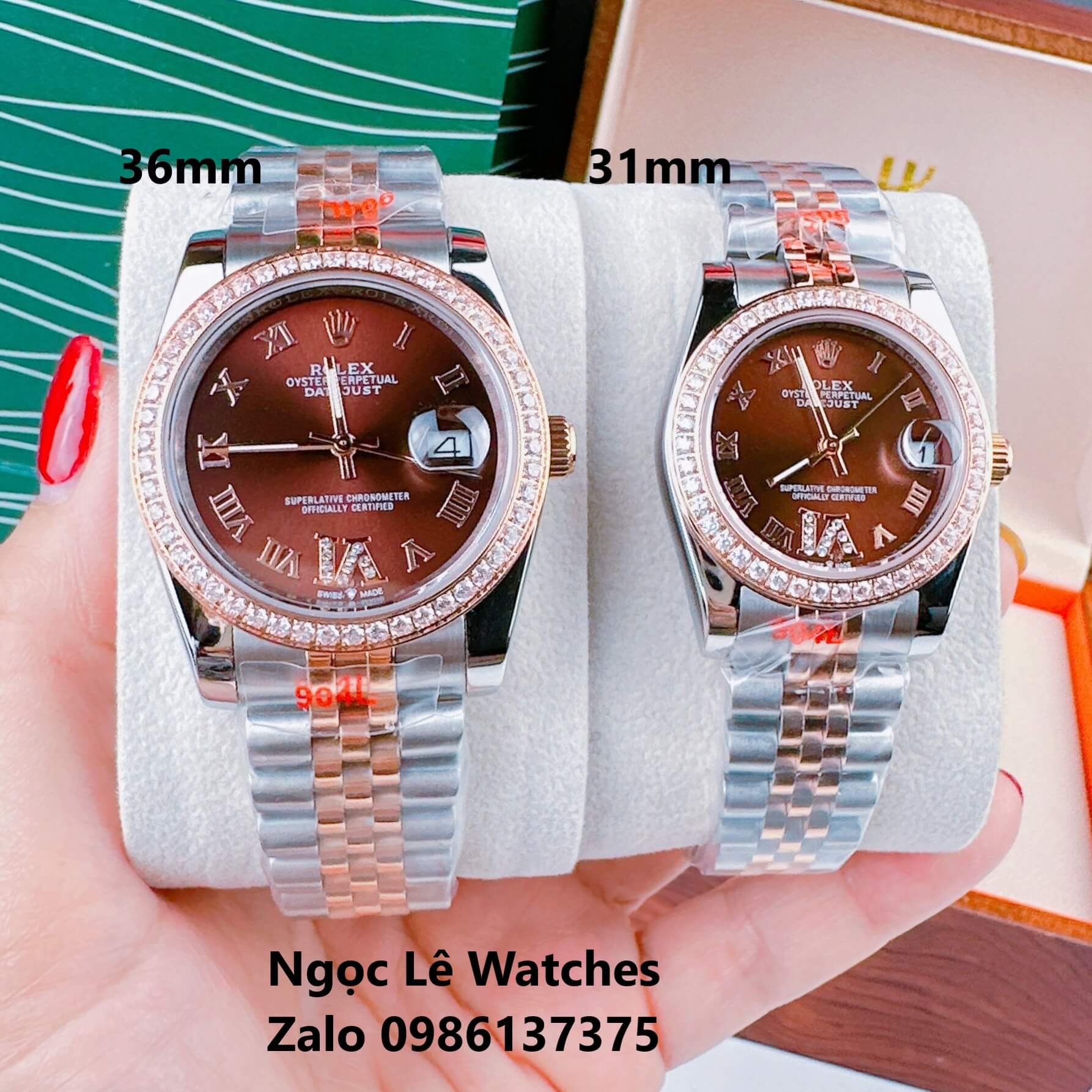 Đồng Hồ Cặp Rolex Datejust Máy Pin Demi Rose Mặt Nâu Viền Đá Size 36mm - 31mm