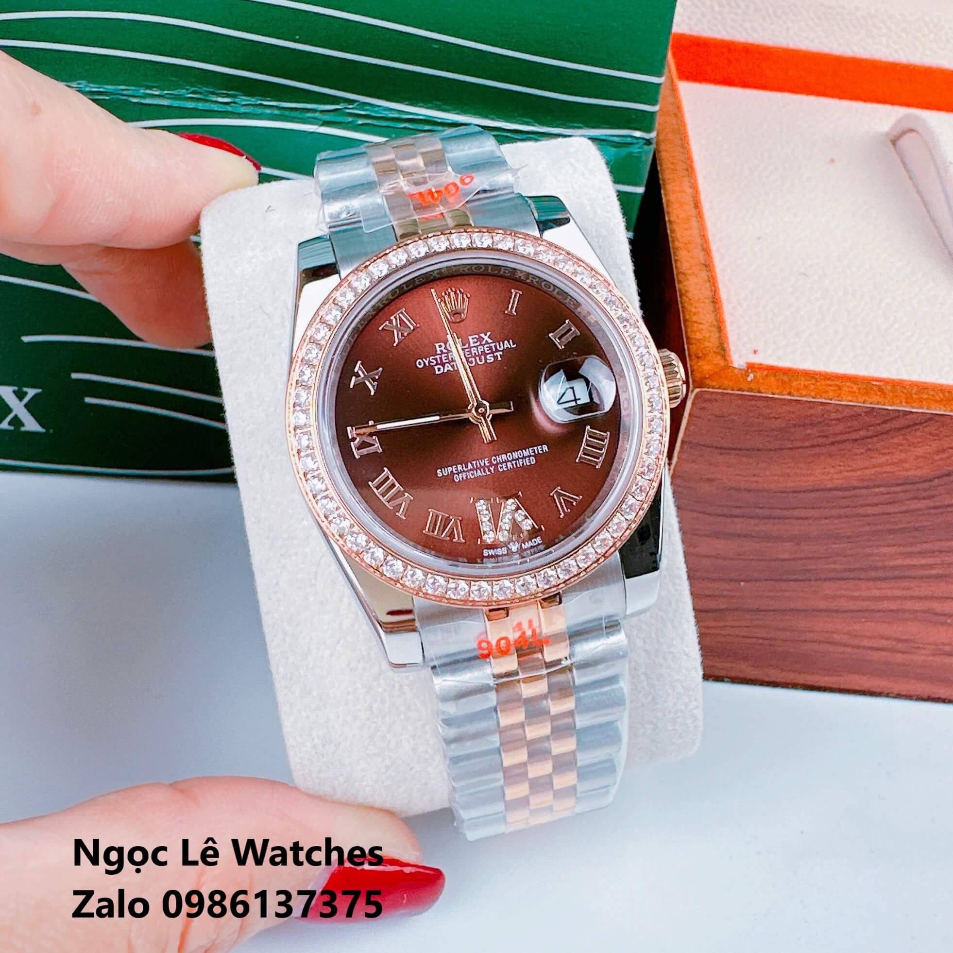 Đồng Hồ Cặp Rolex Datejust Máy Pin Demi Rose Mặt Nâu Viền Đá Size 36mm - 31mm