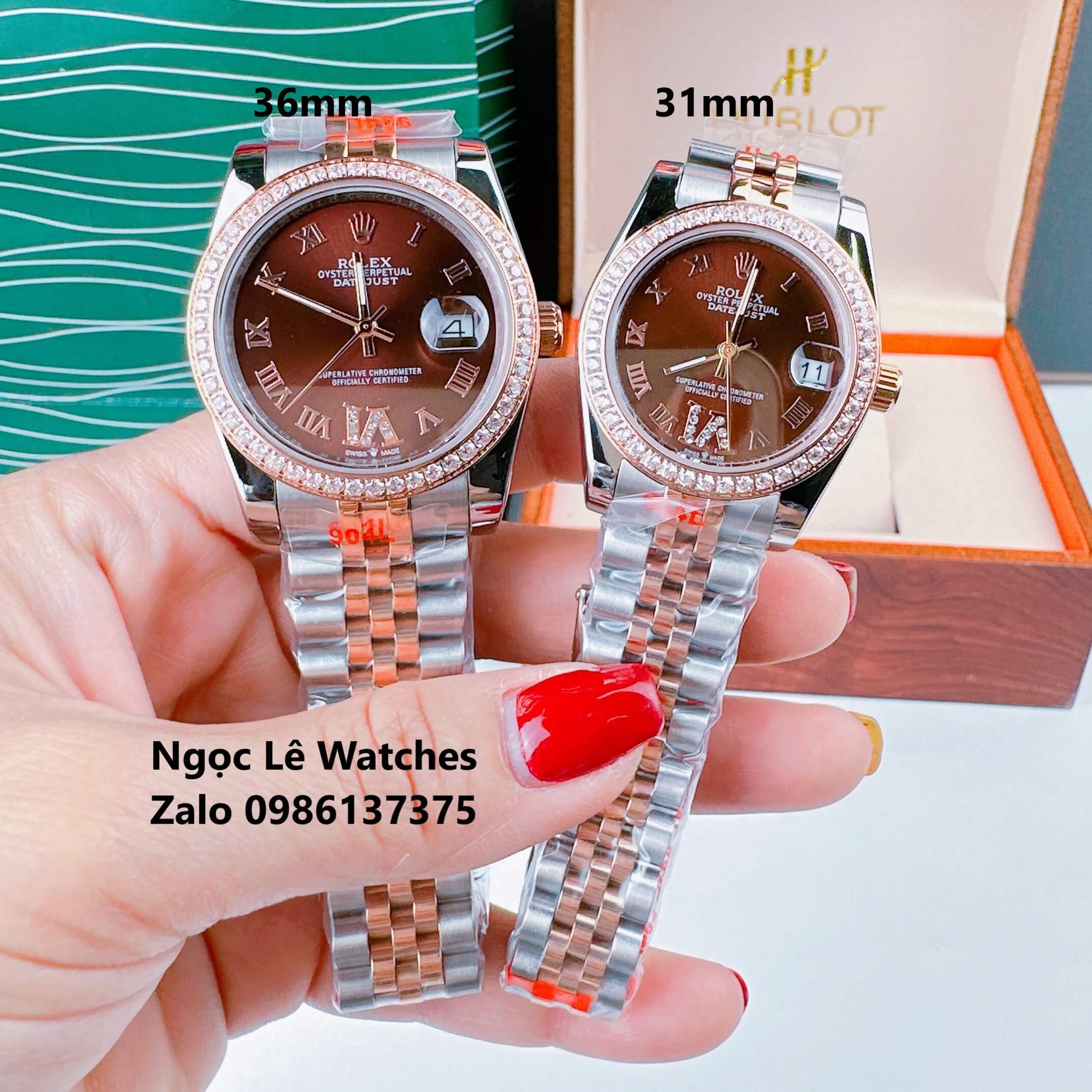 Đồng Hồ Cặp Rolex Datejust Máy Pin Demi Rose Mặt Nâu Viền Đá Size 36mm - 31mm